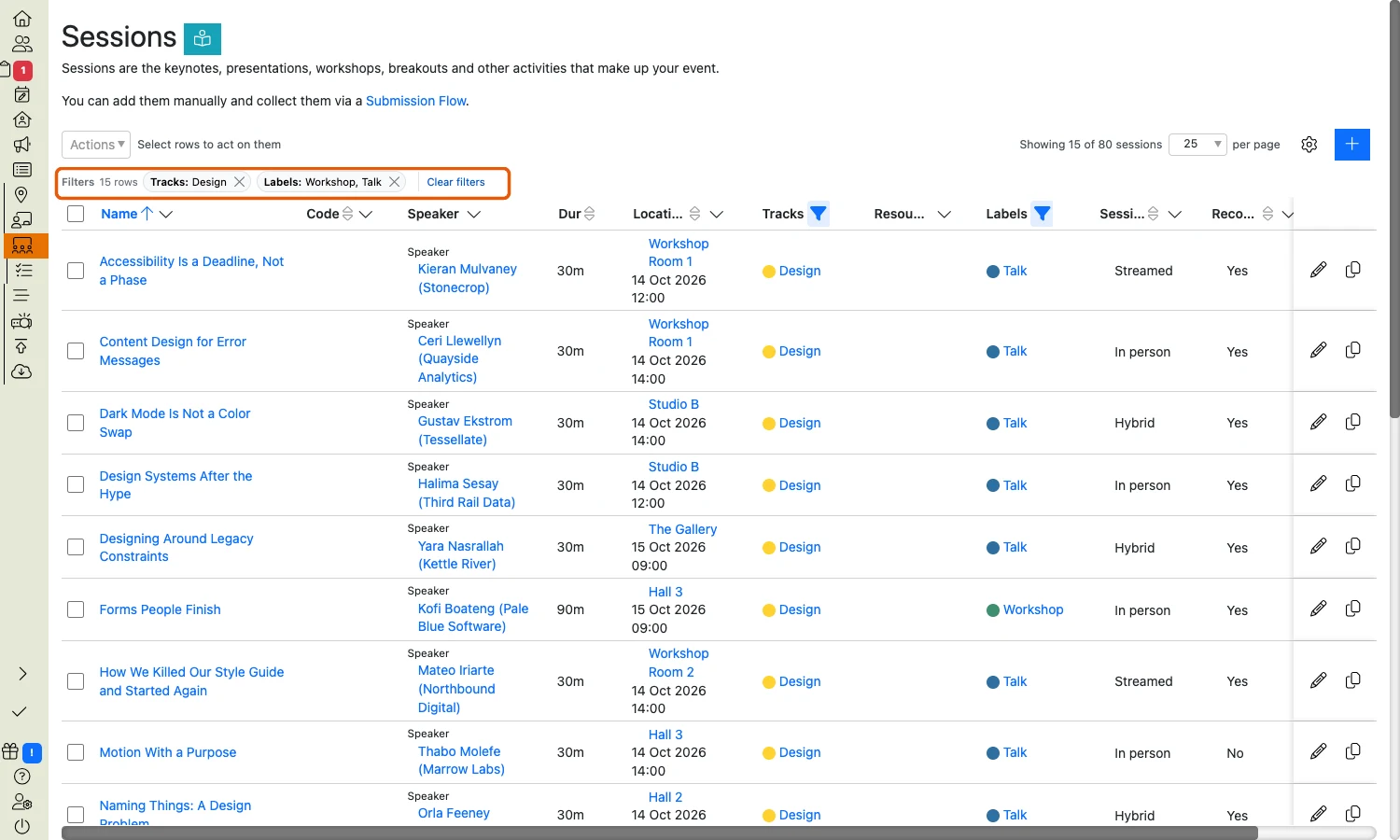 Two active filters listed above the sessions list, with a Clear filters link