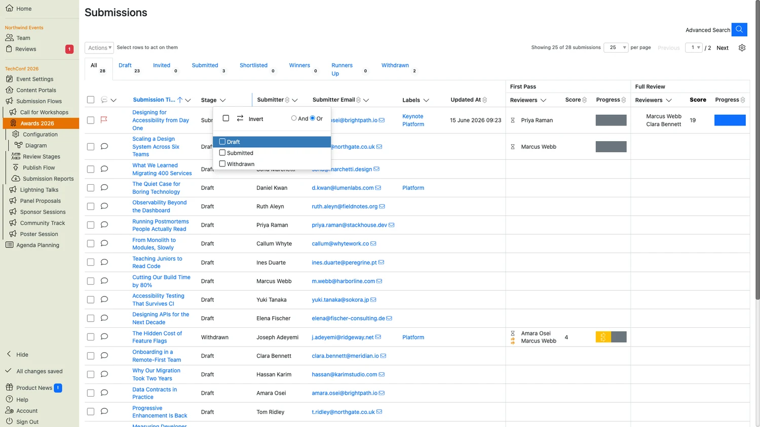 The submissions list with the Stage column's filter open, showing a tick list of Draft, Submitted and Withdrawn