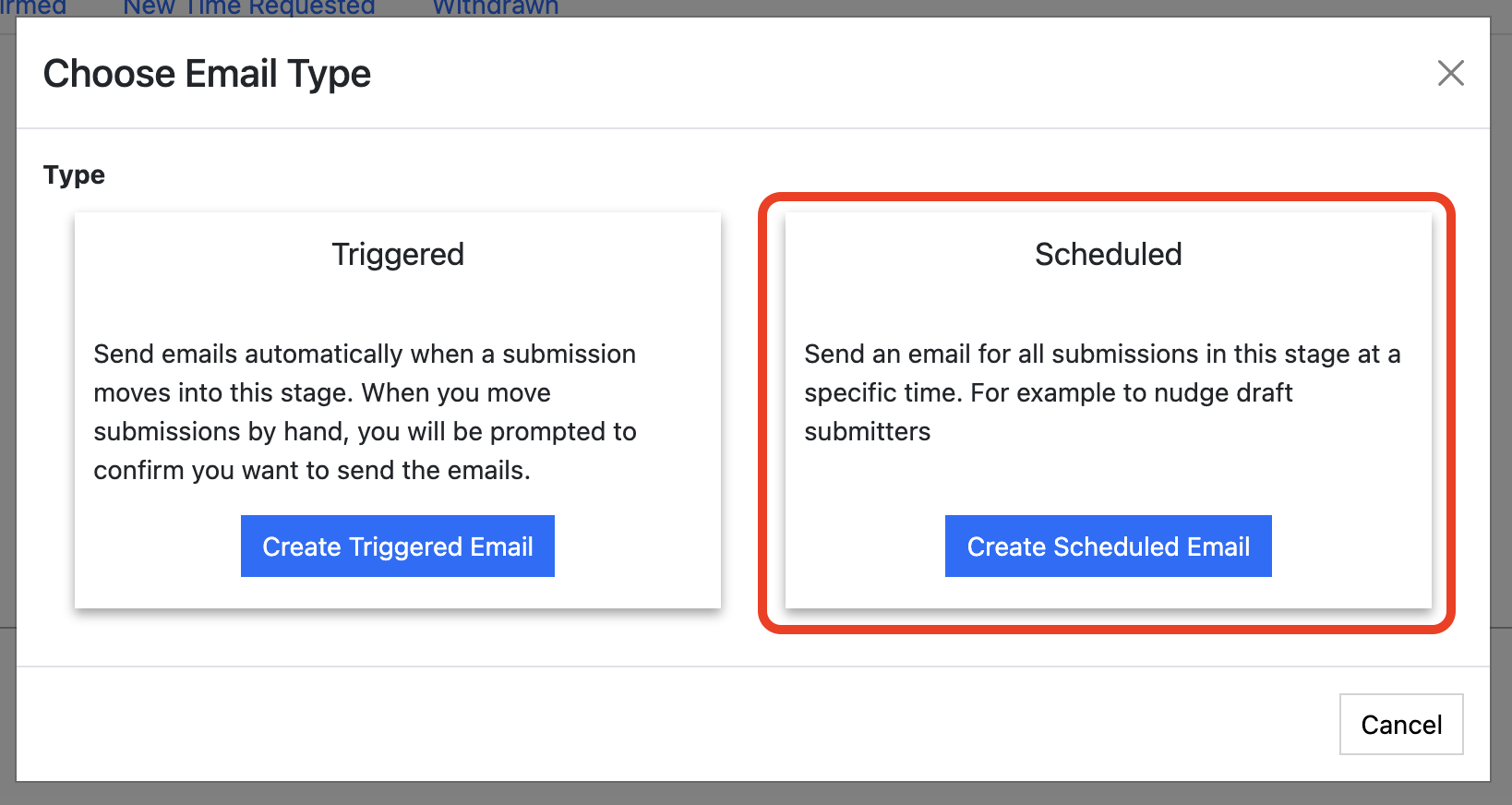 Screenshot showing the 'Choose Email Type' pop-up, with the 'Scheduled Email' option highlighted