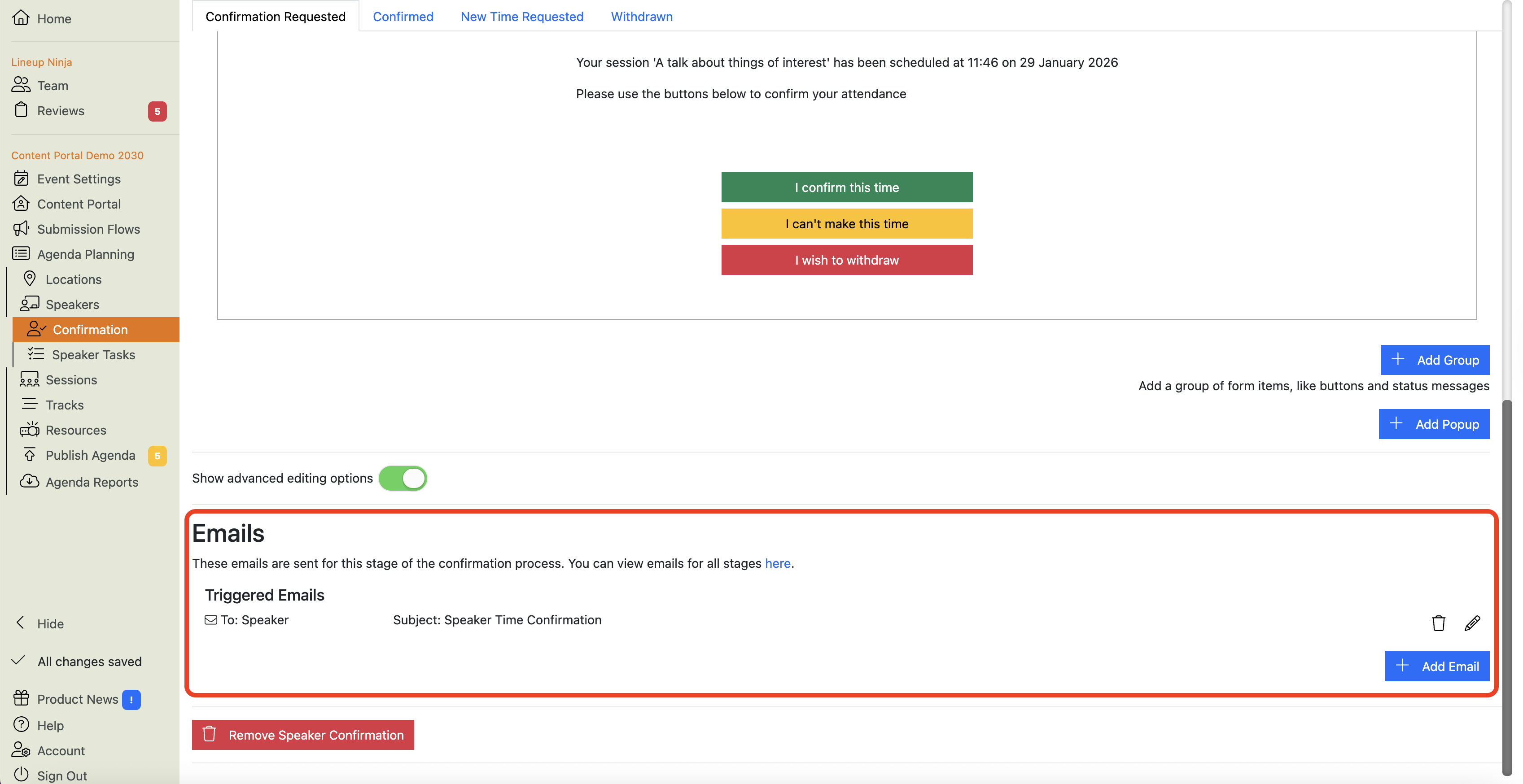 A screenshot showing the Speaker Confirmation, Confirmation Requested configuration view, highlighting the Emails section