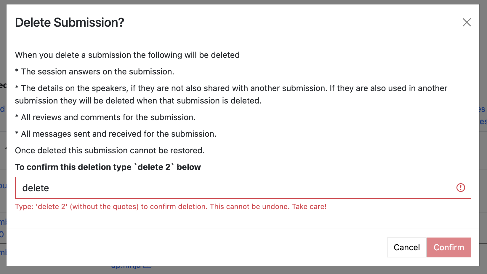 A screenshot of the submission deletion confirmation dialogue box