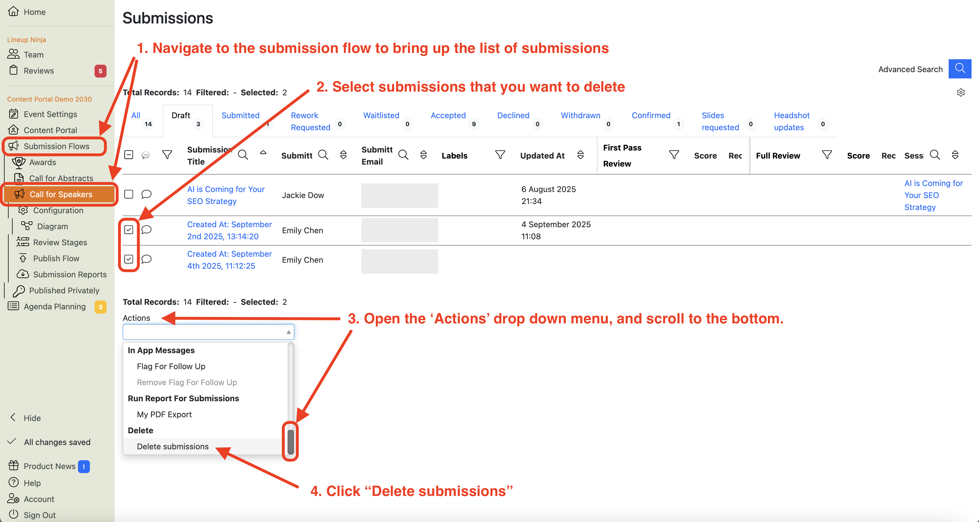 A screenshot of the Submission Flow page showing instructions on how to delete submissions