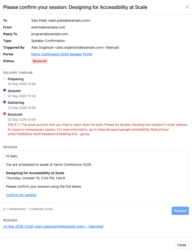 Email details An email’s details, showing its addresses, portal, delivery timeline, attachment and resends