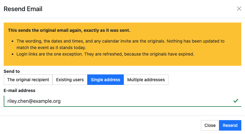 Resend The resend dialog with the Send to options expanded