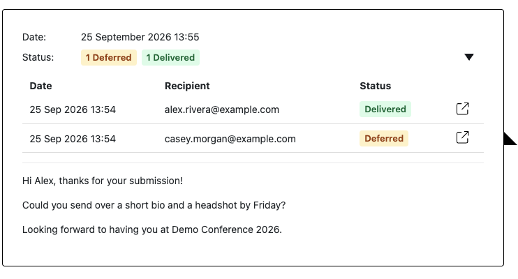 Delivery status in a message thread A message thread with its Status row open, listing each address and its status