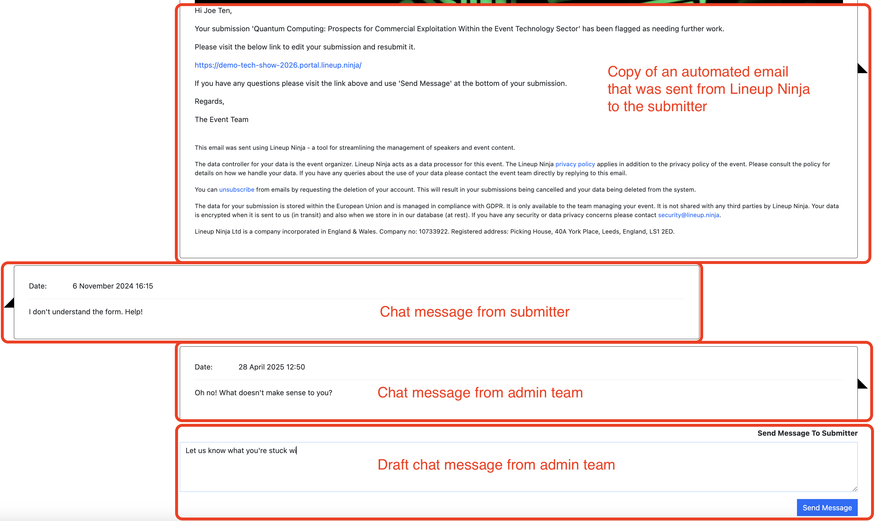 Screenshot of the messages area of the Submission Detail view, highlighting different elements and explaining what they are.