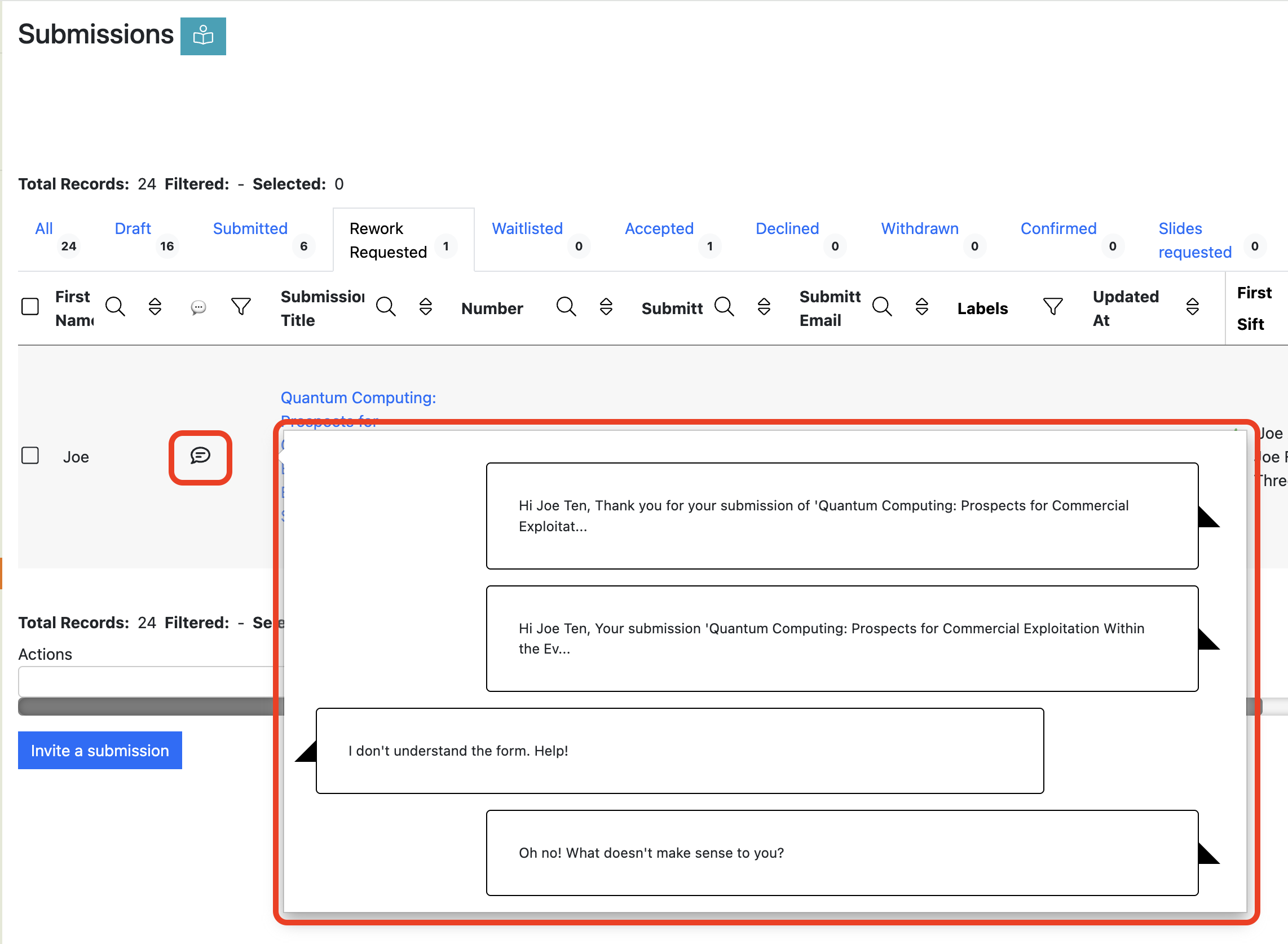 A screenshot of the submissions list view showing the effect of hovering over the speech bubble in the messages column