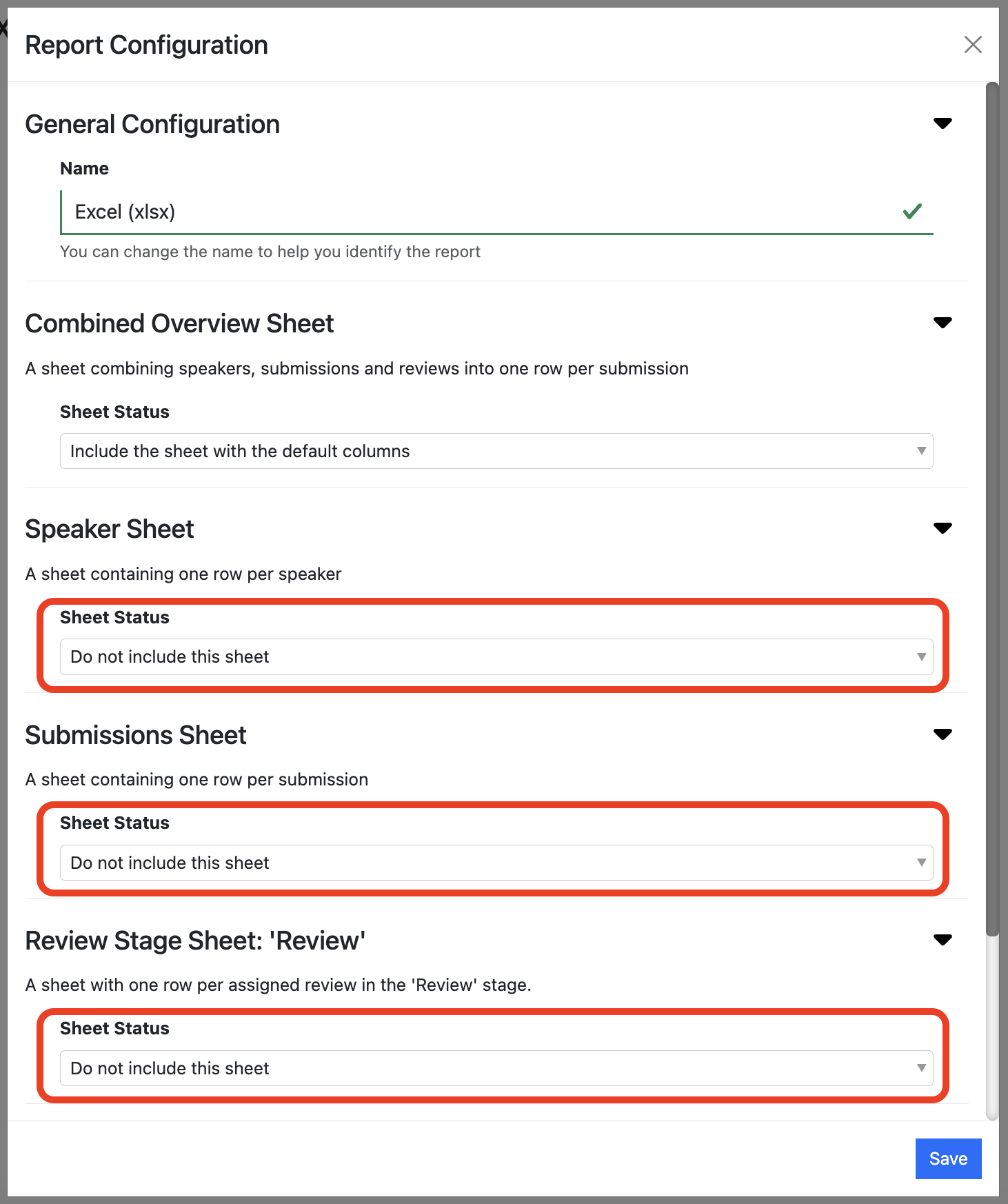 A screenshot of the report configuration dialogue pop-up showing various sheets being excluded.