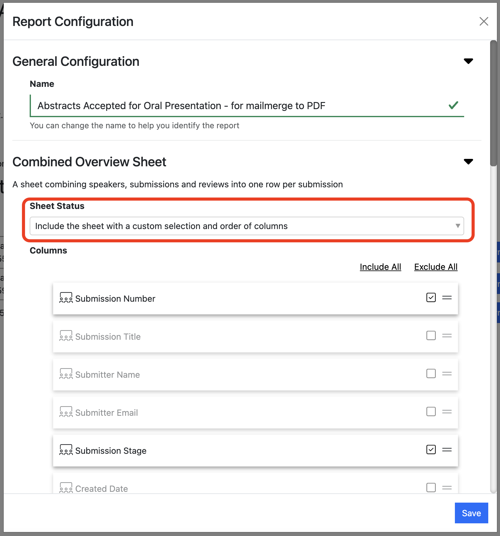 A screenshot of the report configuration dialogue pop-ip