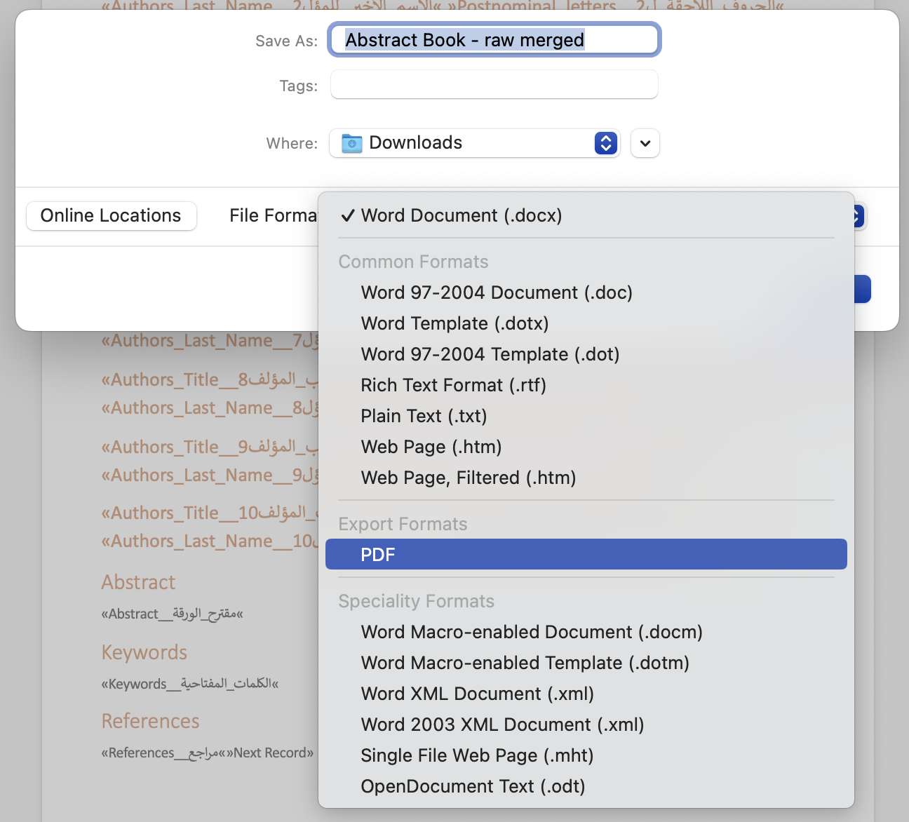 A screenshot of Microsoft Word’s ‘Save As’ dialogue pop-up, showing the File Format drop-down menu options.