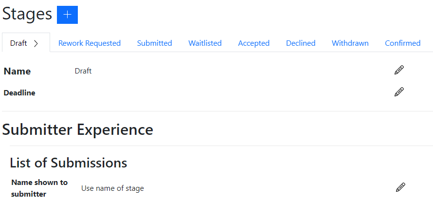 View of submission stages to rename