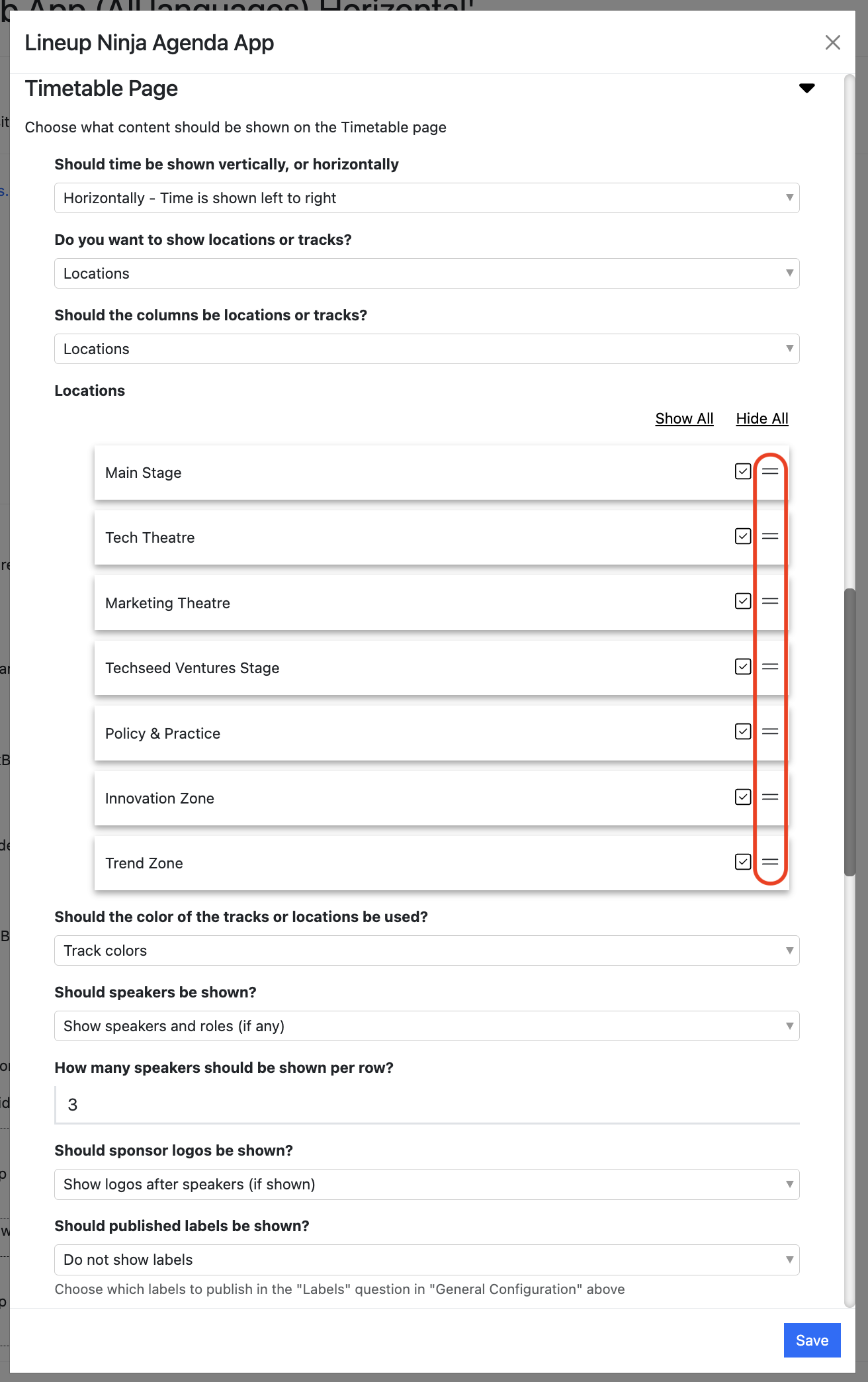 Screenshot of the Agenda App dialogue box showing the Timteable Page Configuration section, with the location drag handles highlighted