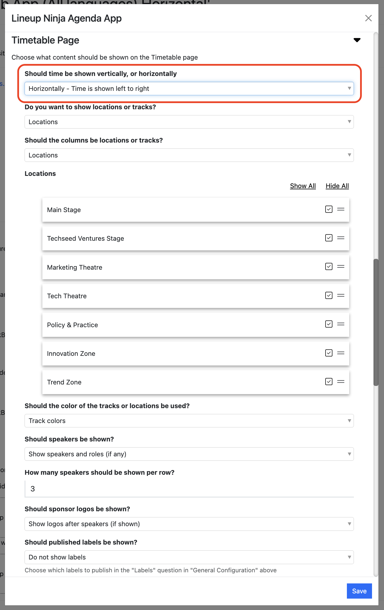 Screenshot of the Agenda App dialogue box showing the Timteable Page Configuration section, with the orientation option highlighted